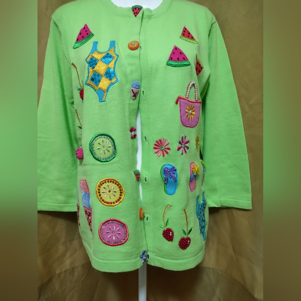 Women's Just B lightweight cardigan sweater with beach summer swim motif